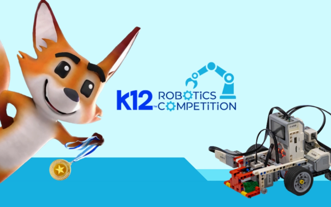 A cheerful cartoon fox holds a gold medal. To the right, a robot vehicle is displayed. The "K12 Robotics Competition" logo is centered above.